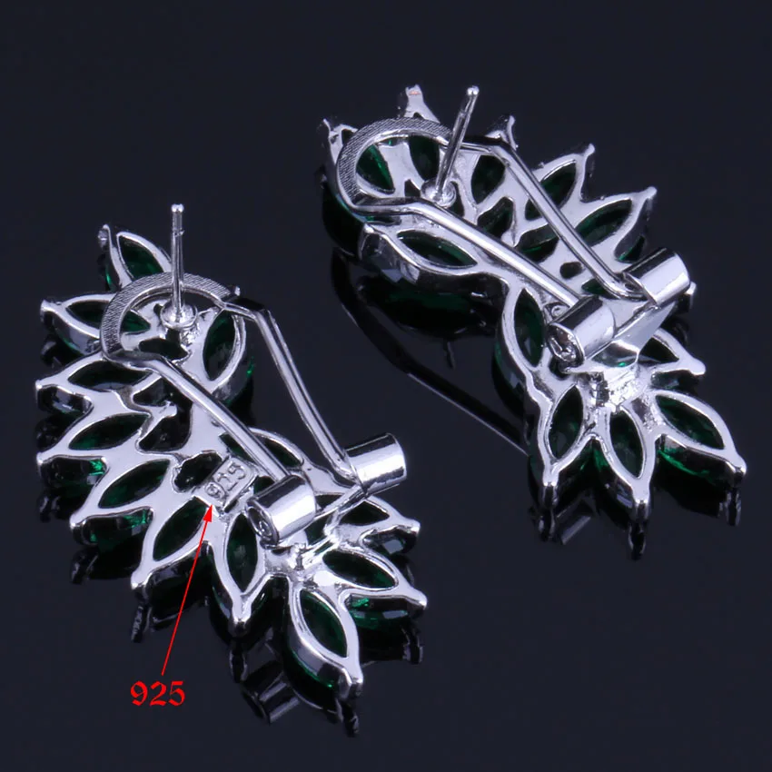 Enchanting Ear Shaped Green Cubic Zirconia Silver Plated Clip Hoop Huggie Earrings V0888