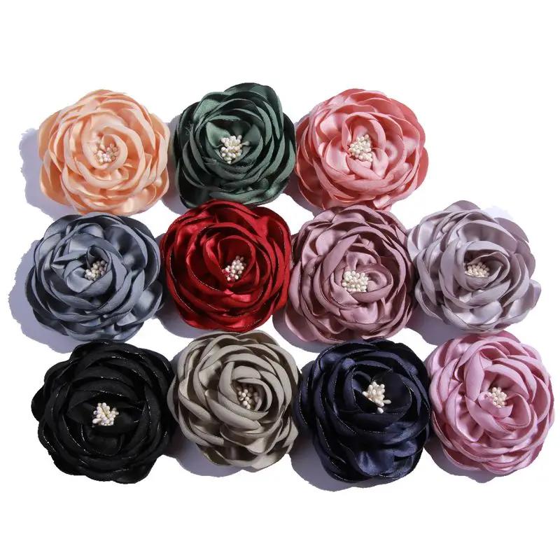 10PCS 7CM Vintage Color Burned Satin Flower with Stamen Hair Accessories Hairpin Hair Clip for Girl and Women