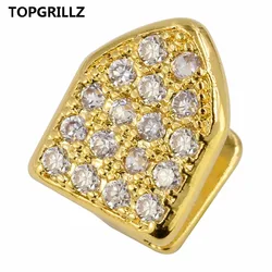 TOPGRILLZ Hip Hop Teeth Grillz Pure Gold Color Plated Single Cap Micro Pave CZ Cubic Zirconia Top Tooh Grills Bling Grill