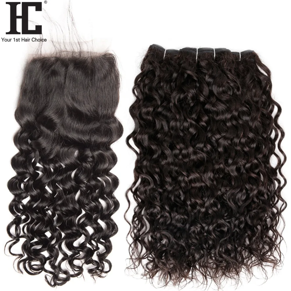 Brazilian Water Wave Human Hair Weave Bundles With Closure Natural Black Non Remy Wet And Wavy 3 Bundles With Lace Part Closure