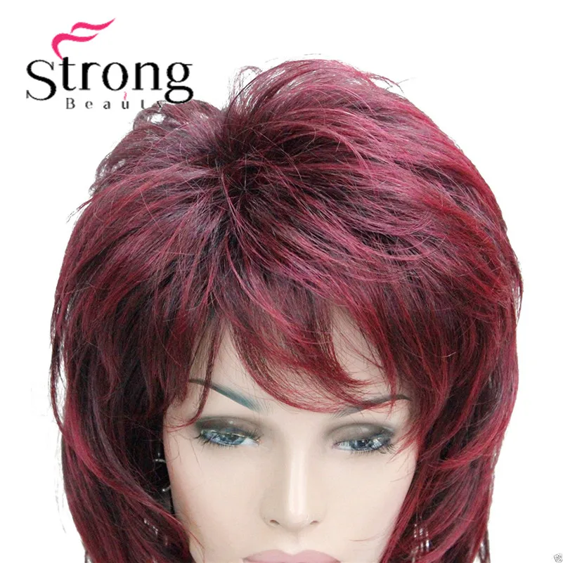 StrongBeauty Long Soft Shaggy Layered Wine Red Ombre Classic Cap Full Synthetic Wig Women\'s Wigs