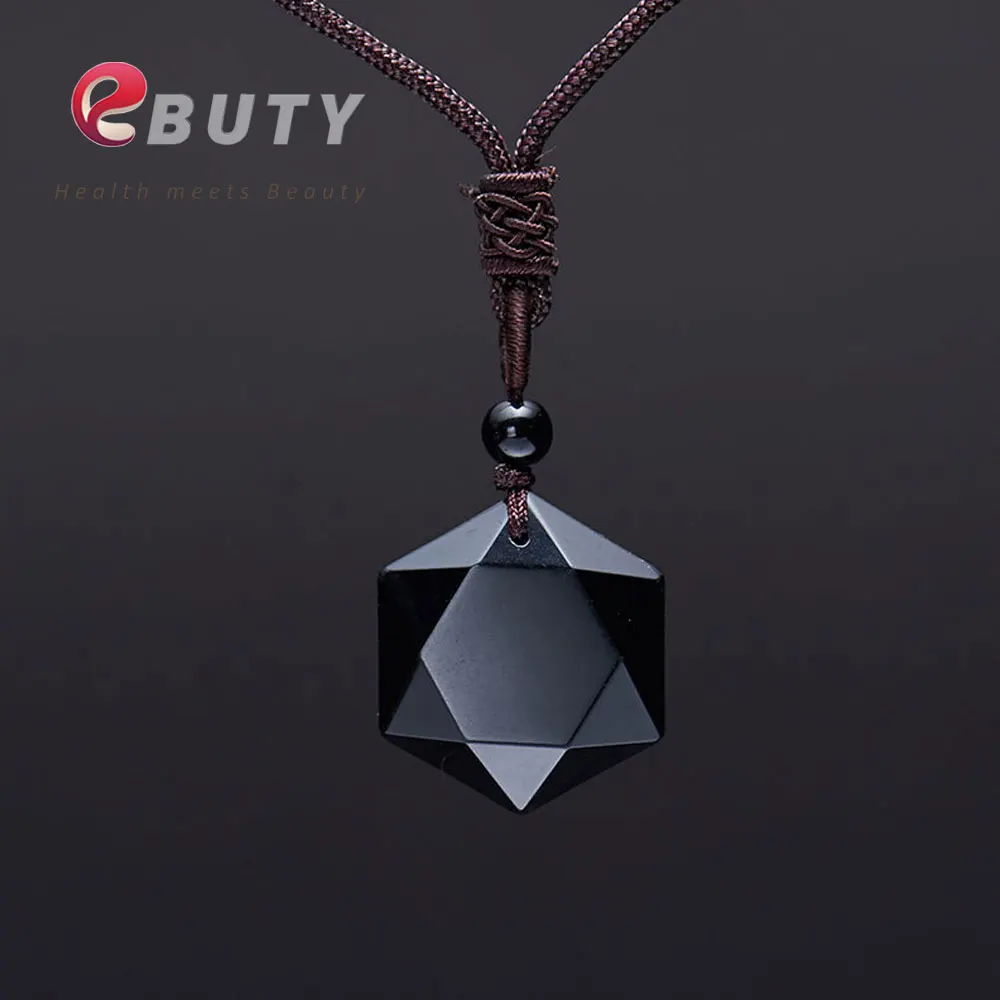 

Кулон из черного обсидиана EBUTY, ожерелье из натурального камня 5000CC для женщин и мужчин, ожерелье с кубической шестигранной звездой, ювелирные изделия