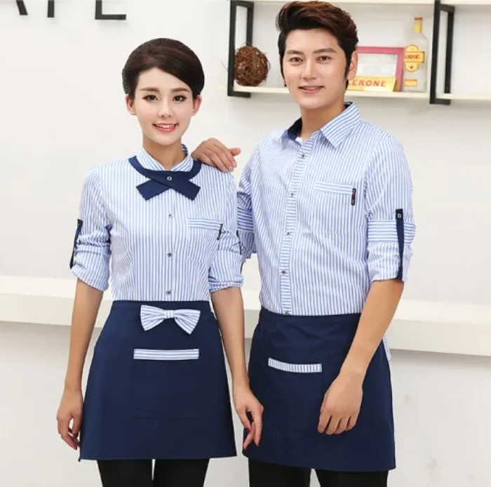 2023 Spring and Summer New Uniforms Cake Coffee Shop Adjusted Sleeve Uniform Shirt With Tie Bow Apron Set Hotpot Waiter Workwear