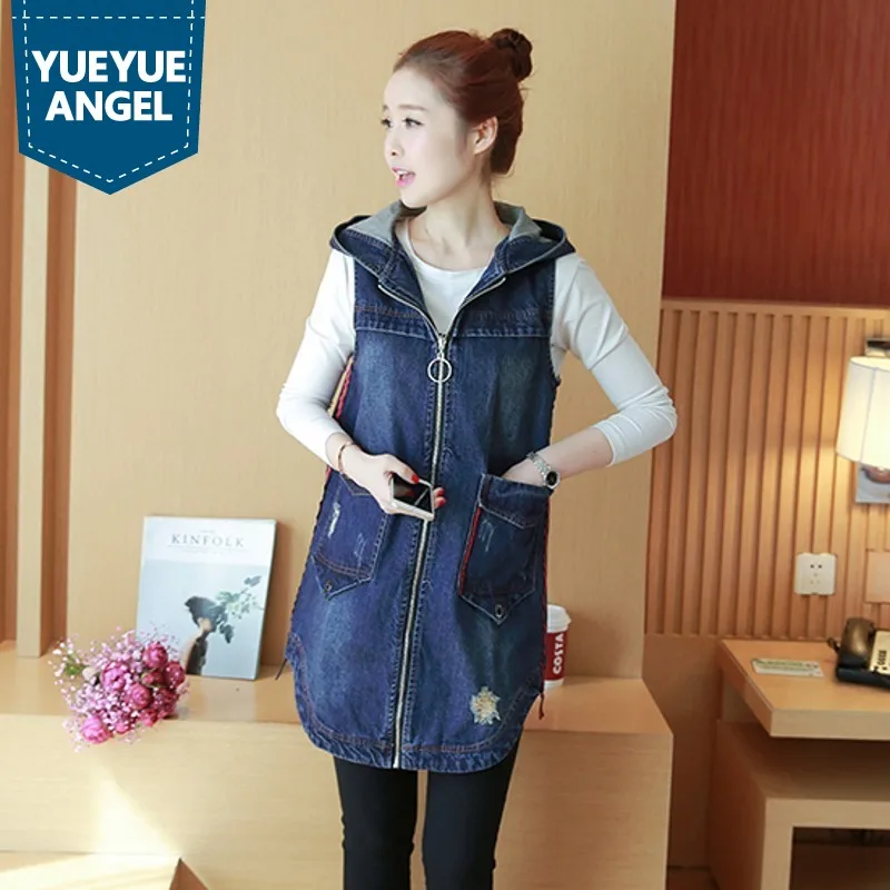 

BF Wind Casual Loose Womens Vest Long Style Denim Female Jaqueta Hole Ripped Sleeveless Vest Hooded Jeans Coat Colete Feminino