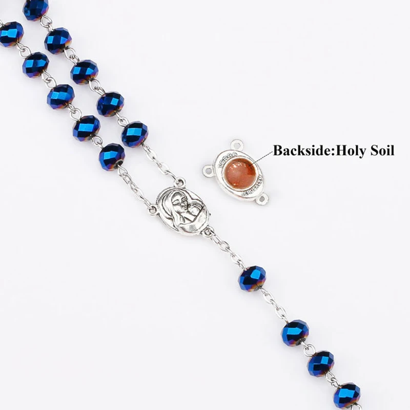 Long Chain Crystal Beads Rosary Necklace Catholic Prayer Rosaries Jewelry for Men Women Stainless Steel Cross Pendant Necklaces