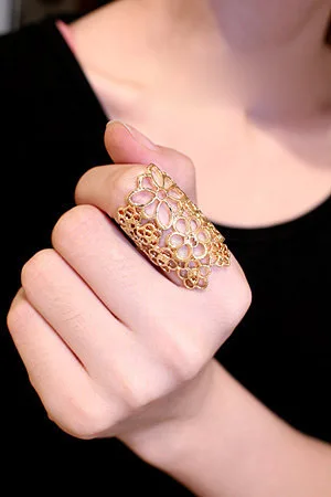 Fashion Long Hollow Flower Ring Elegant Lace Rose Golden Silver Plated Black Rings for Women