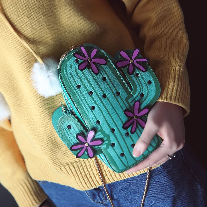 

Women embroidery flowers mini chain shoulder bag cute green cactus shape bag flap small desinger crossbody bag for women