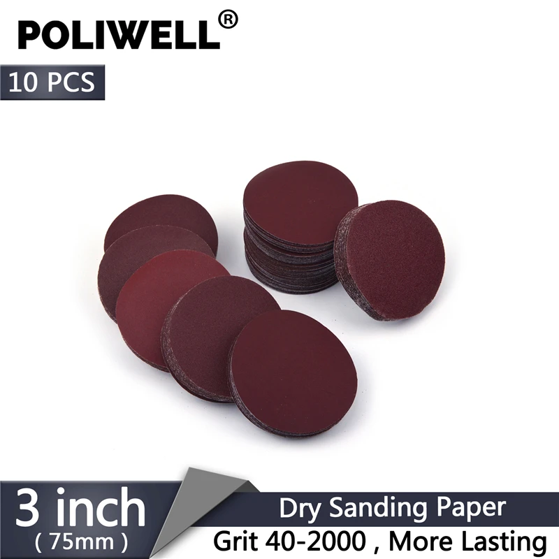 

POLIWELL 10Pcs 3 Inch Red Longer Lasting Sanding Disc 75mm Sandpaper Grit 40~2000 Flocking Sanding Discs for Grinder Power Tools