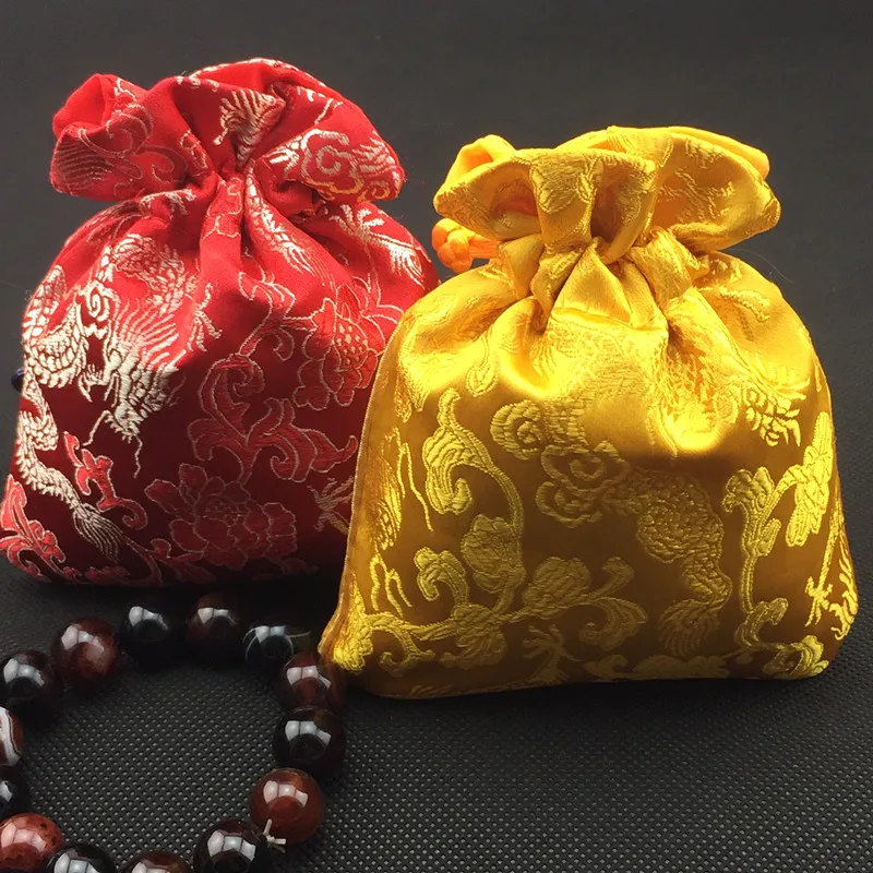

50pcs Chinese Style Dragon New year Bag Small Drawstring Silk Brocade Gift Pouch Wholesale Christmas Wedding Party Favor Bags