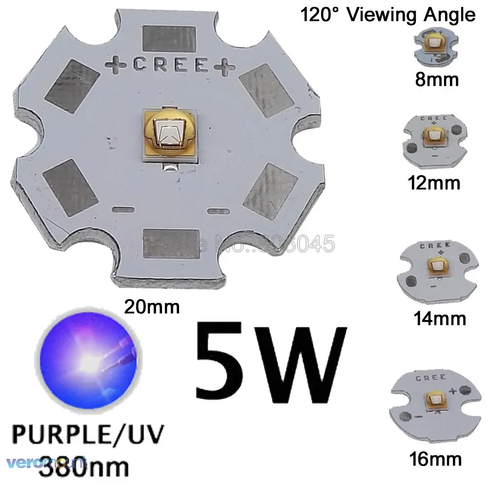 

5pcs 5W LG3535 High Power LED Emitter UV/Ultra Violet 380-385nm 120 Degree Viewing Angle with 8mm/12mm/14mm/16mm/20mm PCB Board