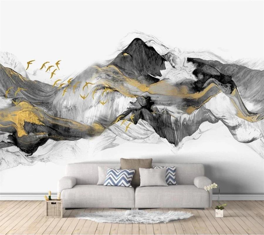 

Custom papel de parede 3d Wallpaper Flying Birds New Chinese Abstract Golden Ink Landscape TV Background Wall paper papier peint