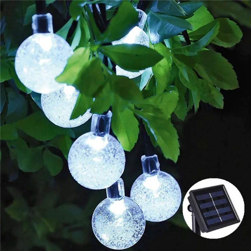 lampada solar bola de cristal led string luzes a prova impermeavel agua guirlanda fadas para jardim ao ar livre natal casamento 50leds 10m branco 01