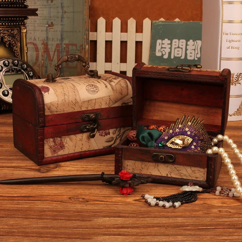 zakka Vintage Stamp patterns Storage decorative suitcase wooden box casket lock Desktop storage box finishing Muhe jewelry box