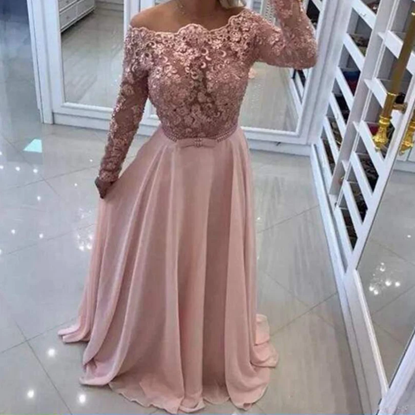 Sexy Off-Shoulder 2022 Prom Dresses Long Sleeve Backless Pearls Appliques A-Line Special Occasion Dresses Chiffon With Sash