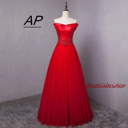 

ANGELSBRIDEP 2021 Red Prom Dress Vestido De Festa Sexy Off-Shoulder Tulle Applique Floor-Length Formal Celebrity Gown Party Gown