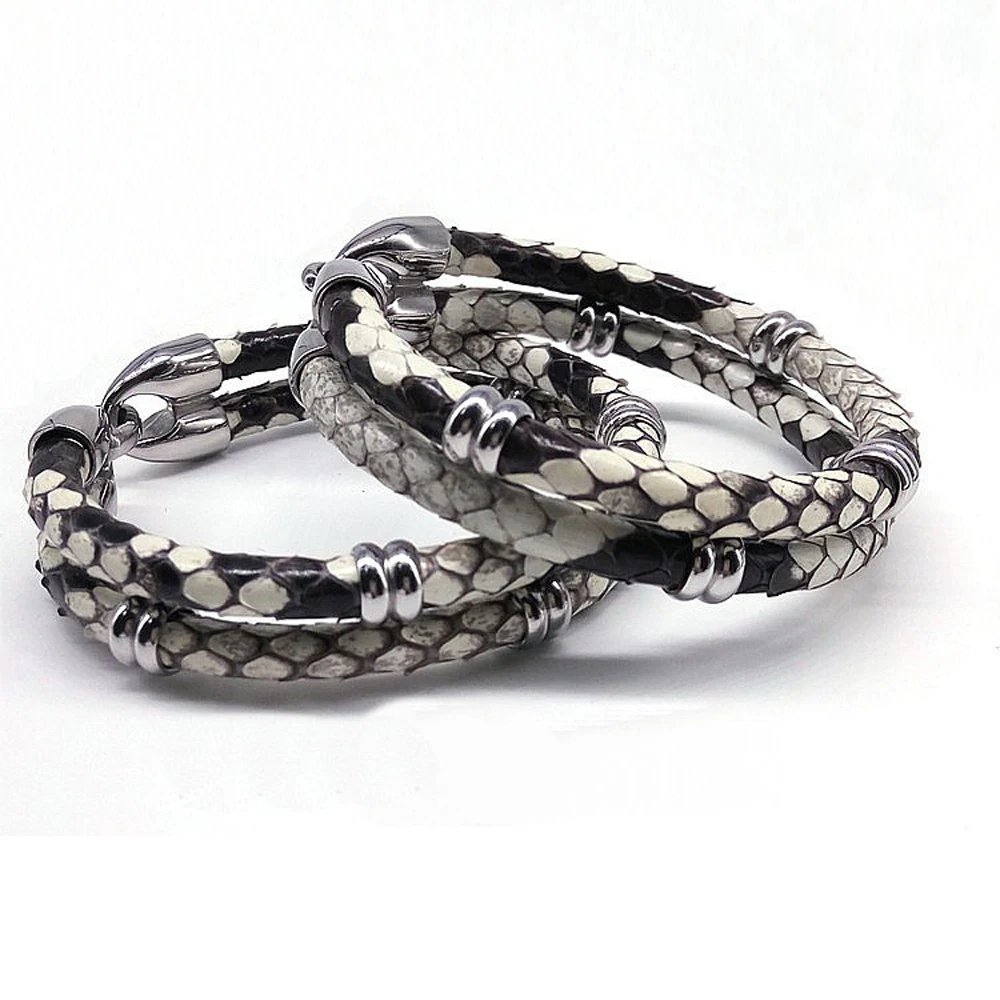 Mens Black Python Skin Leather Bracelets Real Python Skin Leather With Steel Buckle Bracelet With Beads Bracelet