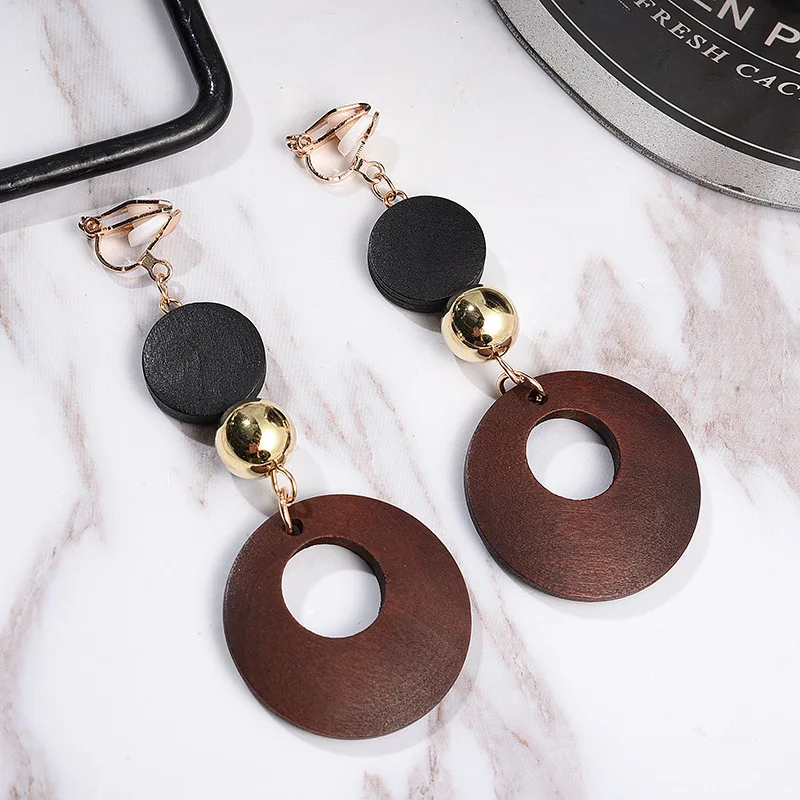 Natural Wood Clip on Earrings for No Pierced Hole Ear for Women Fashion Statement Geometric Earring Korean Girls Jewelry Gift