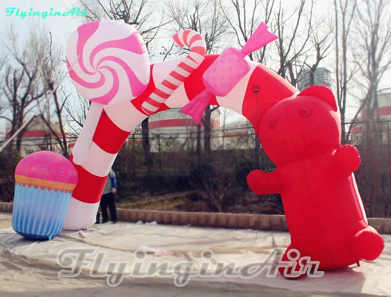 19' Lovely Inflatable Christmas Candy Arch Red Air Blown Archway Outdoor Entrance Gate with Bear for Sweet Christmas