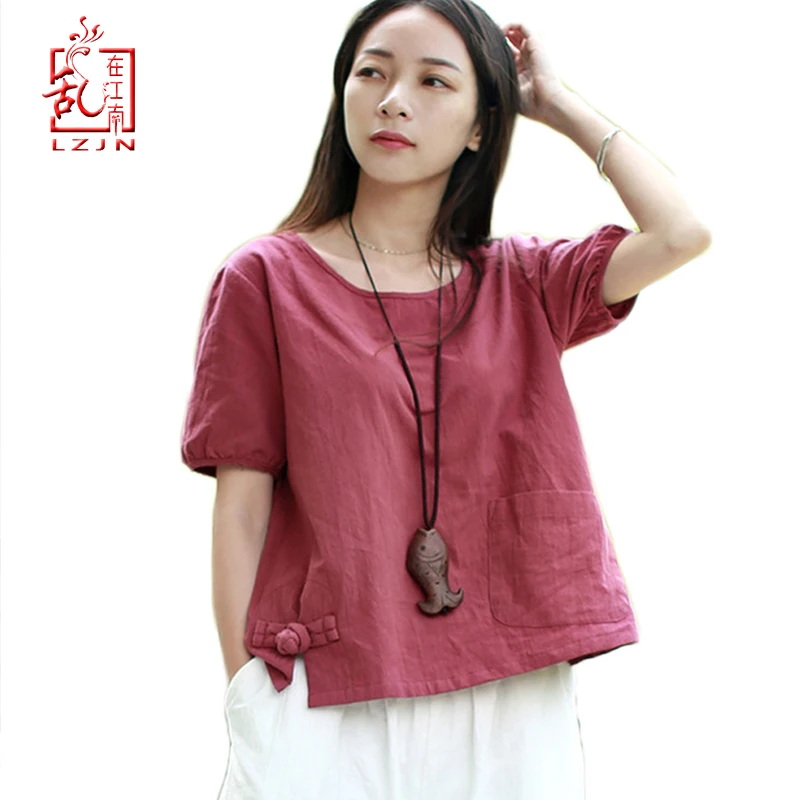 LZJN 2019 Summer Tops Women Blouses Cotton Linen Red Shirt Traditional Chinese Clothing Camisas Female Blusas Femininas PX1800