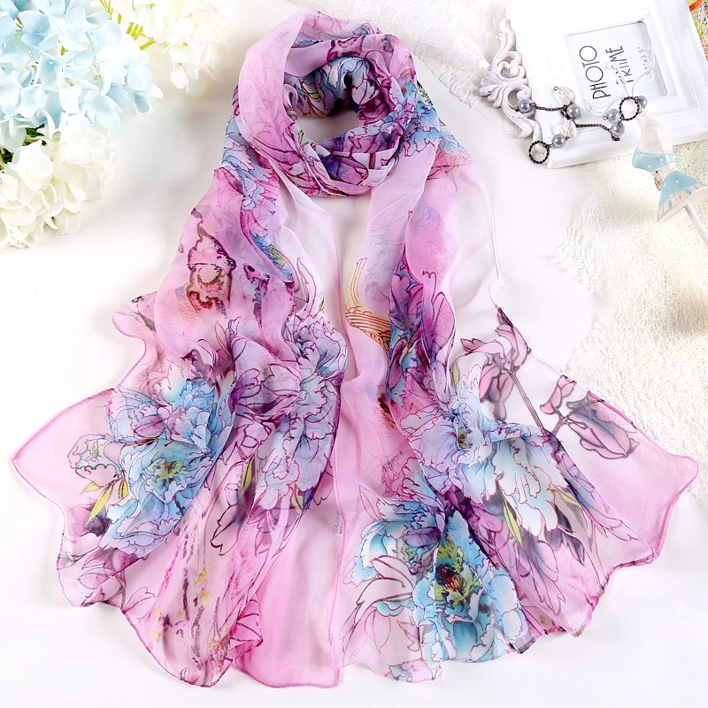 Hot Fashion Summer Chiffon Georgette Scarf Parrot Peony Print Women Foulard Long Shawl&Wrap Bandana Elegant Thin 50*160cm M163