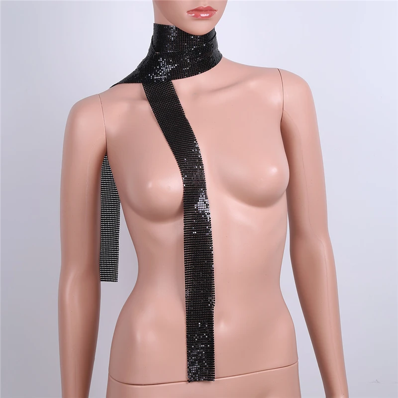 Women Fashion Thin Long Glitter Sparkle Metal Sequins Scarf Necktie Hot Extra Long Slim Solid Color Thin Scarf Tie