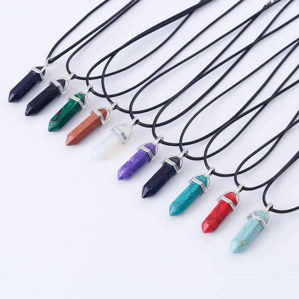 KISSWIFE Hexagonal Column Natural Crystal Tiger Eye Pendent Necklaces For Women PU Leather Chain Stone Choker Necklace Jewelry