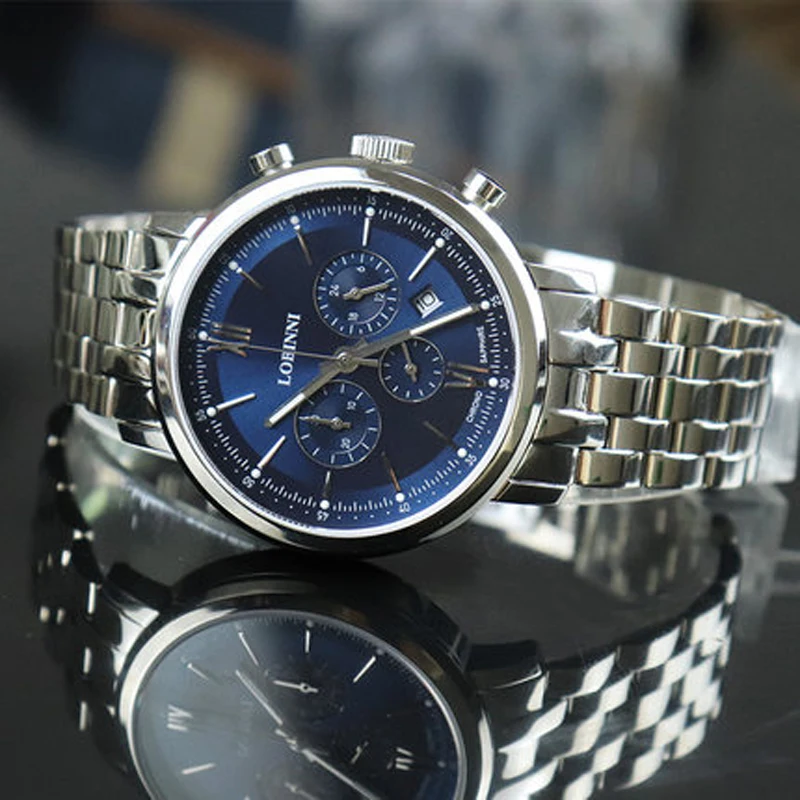 LOBINNI ساعة رجالي الأعمال 50 متر مقاوم للماء حزام الصلب متعددة الوظائف كرونوغراف الهاتفي كوارتز ساعة معصم الرجال الياقوت L3605