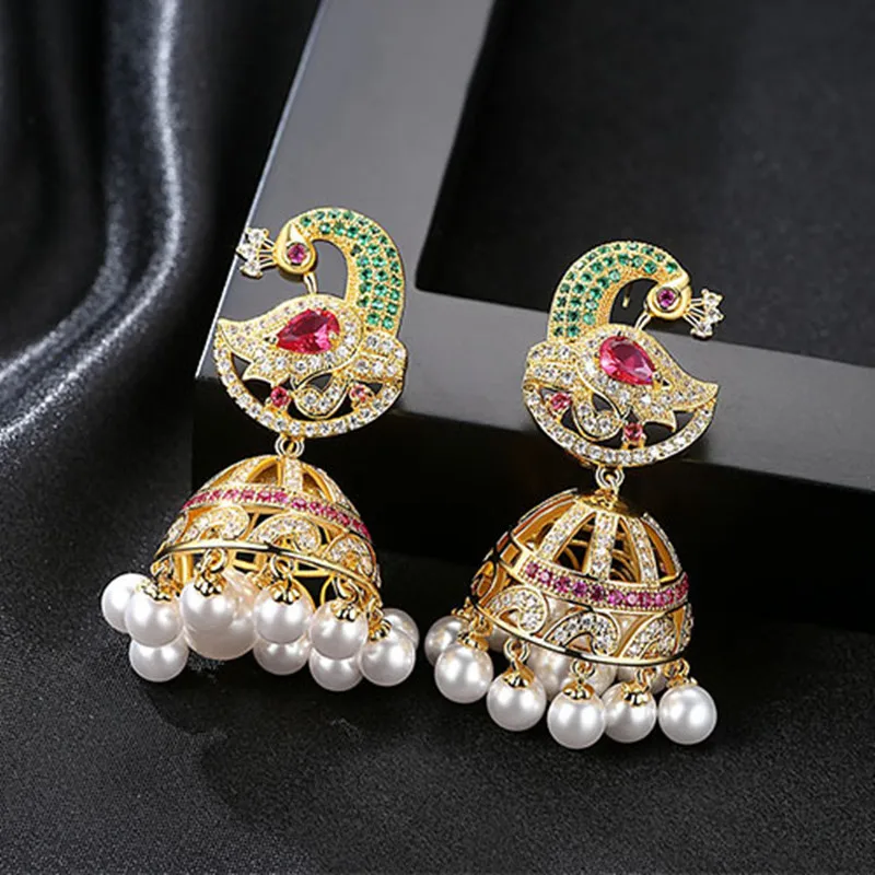 FXLRY New Design Multi Color Cubic Zircon Simulated Pearls Big Multi Phoenix Drop Earrings Women Bride Jewelry