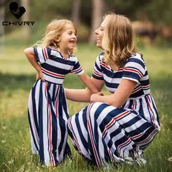 Chivry New Mother Daughter Dresses Short Sleeve Striped Long Maxi Dress Mom and Daughter Dress Family Matching Outfits Clothes