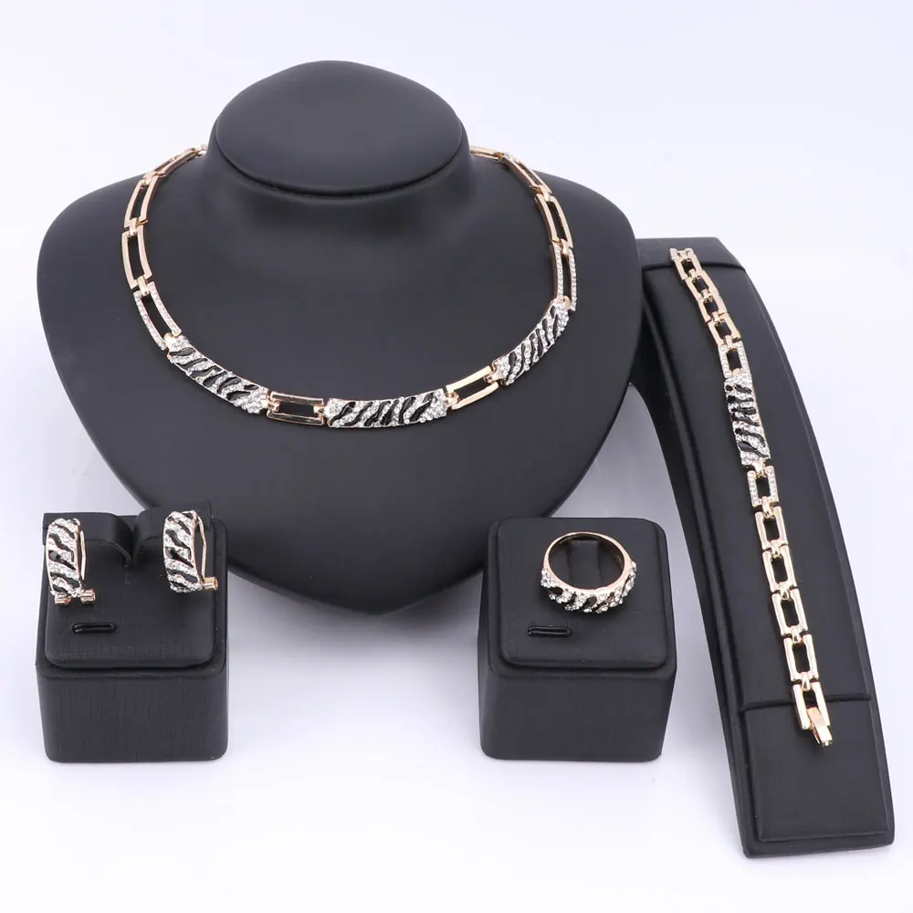 Women African Beads Jewelry Sets Cz Crystal Enamel Necklace Earring Ring Bracelet Jewelry Set Gold Color Statement Accessories