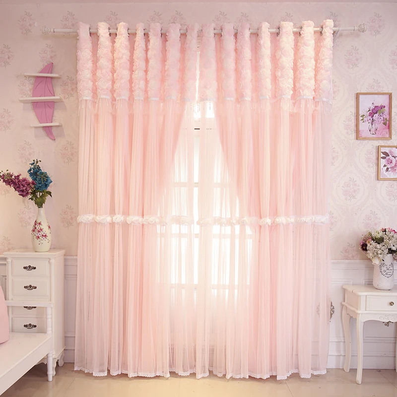 Korean Creative Pink Lace 3D Rose Curtains, Double Layer Blackout Curtain for Girl\'s Bedroom, Living Room, Princess Cortinas