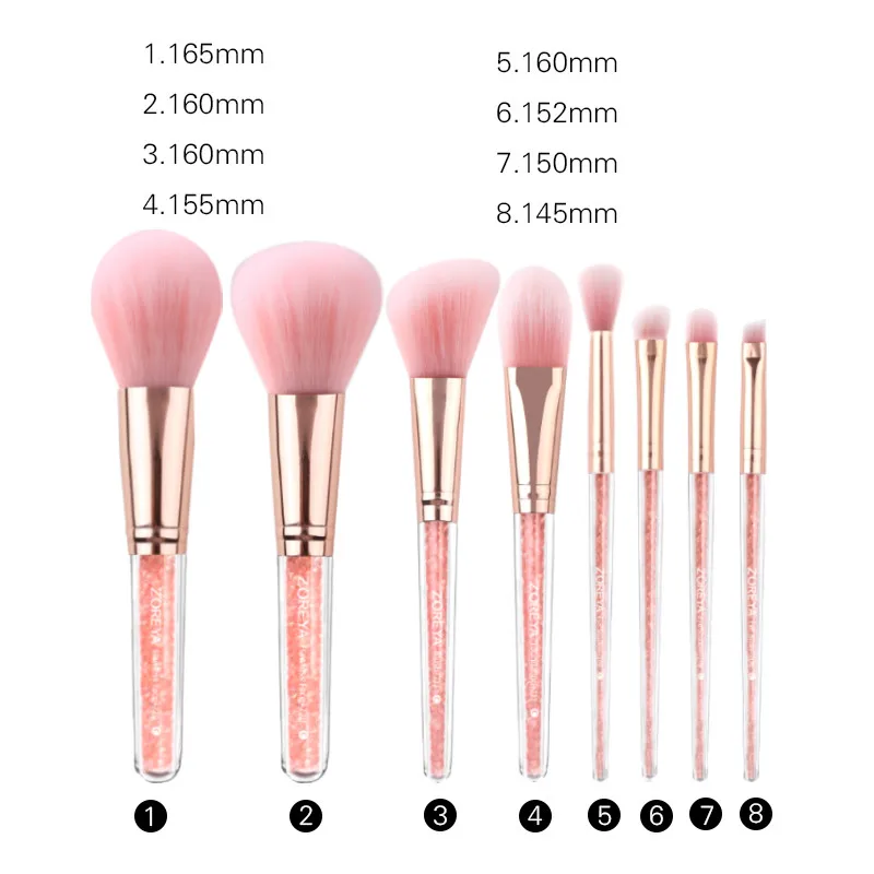 ZOREYA 8PCS Pink Crystal Makeup Brushes With Super Soft Synthetic Hair Foundation Blush Concealer Eye Brow Make Up Brush Set