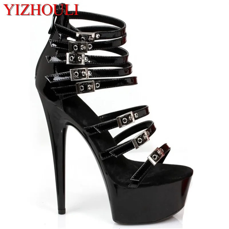 

The new fashion summer's new 15CM open-toe sandals, high heels and black lacquered women's shoes