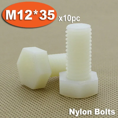 

10pcs DIN933 M12 x 35 Fully Threaded White Plastic Nylon Bolts Hexagon Hex Head Bolt Set Screw Setscrews