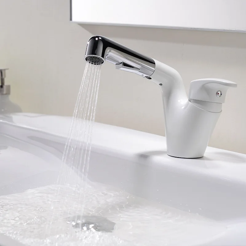 White pull out faucet solid brass bathroom sink faucet two functions hot and cold water mixer Washing hair faucet