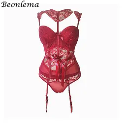 Beonlema Red Sexy Lingerie Corset Bra Gothic Black Bustiers Women Overbust Push Up Gorset See Through Floral Lace Corsets Set