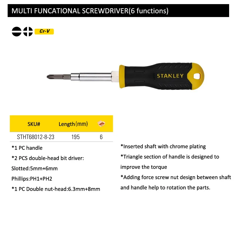 Stanley 1-piece 6 function multitool screwdriver kit with replacement magnet bits  6-in-1 precision scerwdriver hand tools