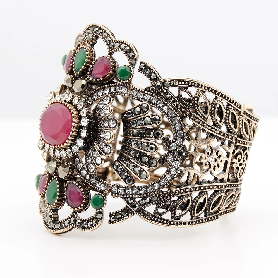 Sunspicems Vintage Turkish Women Bracelet Big Bangle Antique Gold Color Resin Cuff Bracelet Indian Bride Wedding Banquet Bijoux