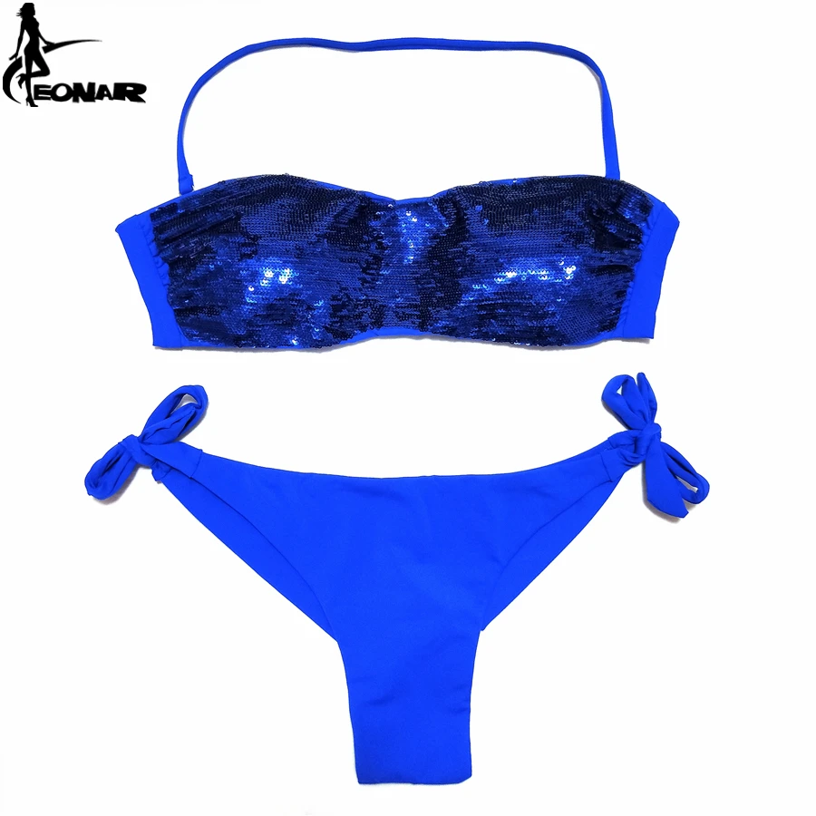 EONAR-Traje de baño de lentejuelas cosidas para mujer, conjunto de bikini con parte inferior de corte brasileño, traje de baño de cintura baja, trajes de baño, ropa de playa de verano