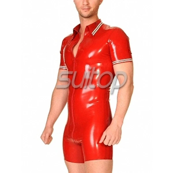 ผู้ชาย Suitop สีแดง Latex Playsuit Leotard สีแดงและสีขาวพร้อมซิปด้านหน้า