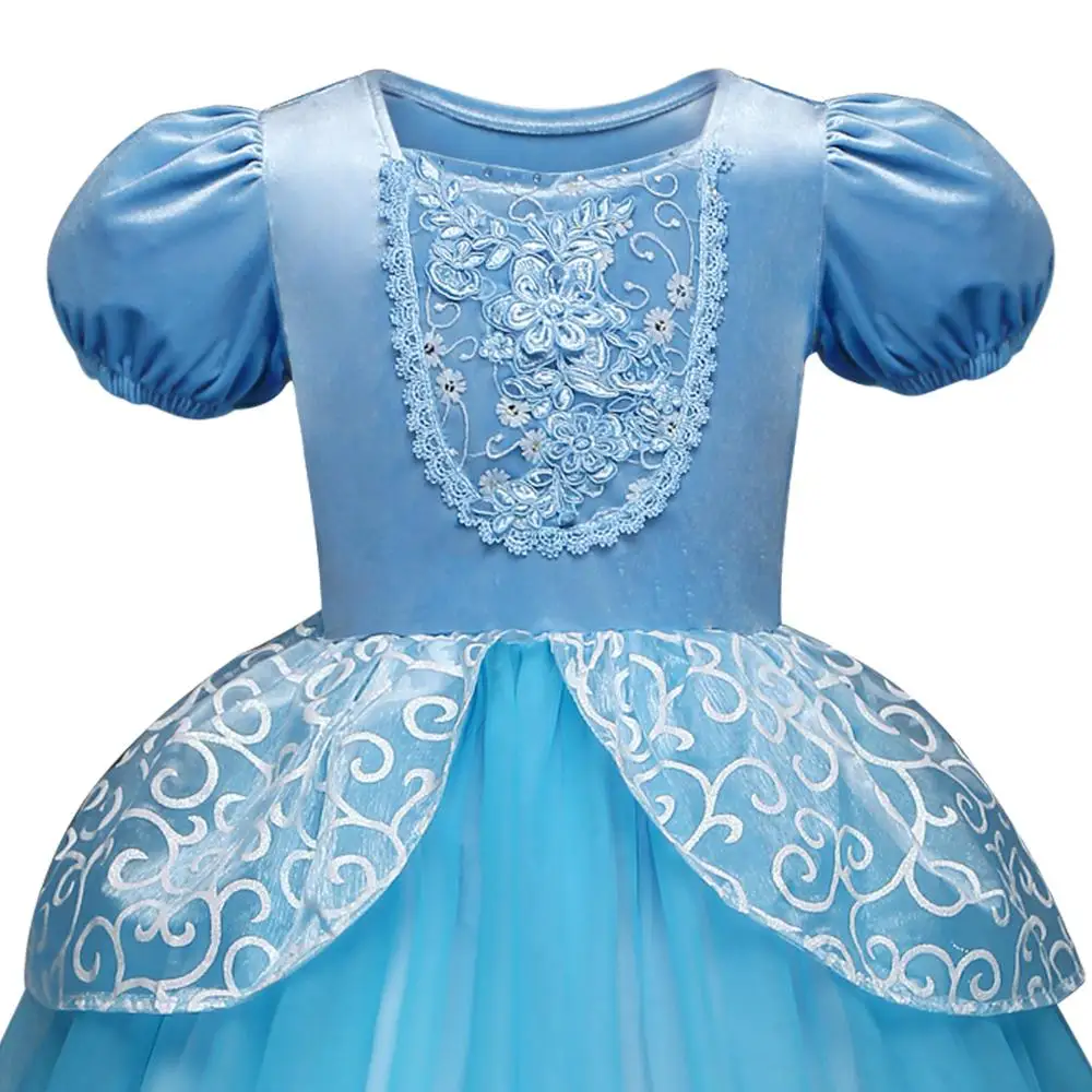 Girls Cinderella Dress up Cosplay Costumes Kids Puff Sleeve Embroidery Blue Clothes Child Christmas Birthday Princess Dresses