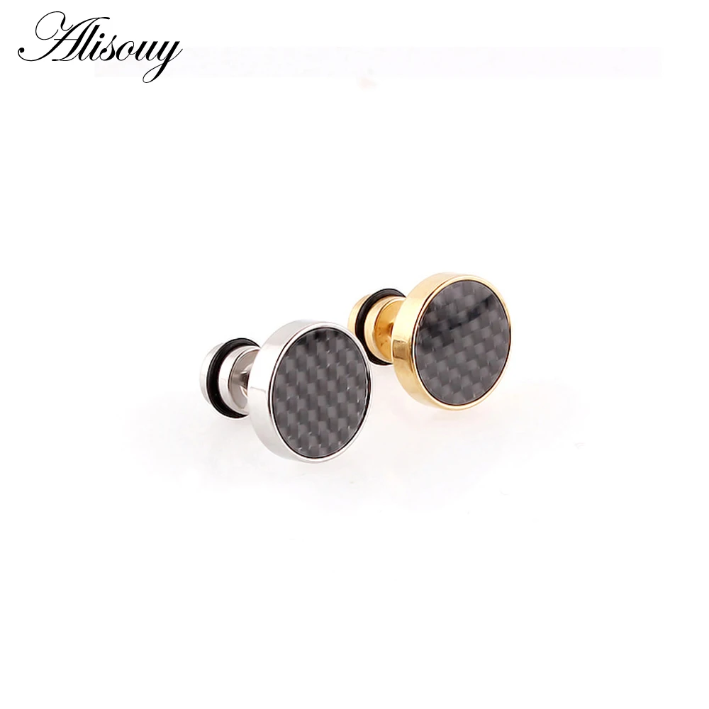 Alisouy 2pcs 8mm Mens Black Gold Color Stud Earrings Stainless Steel Tunnel Plug With Carbon Fiber Jewerly Aretes De Mujer