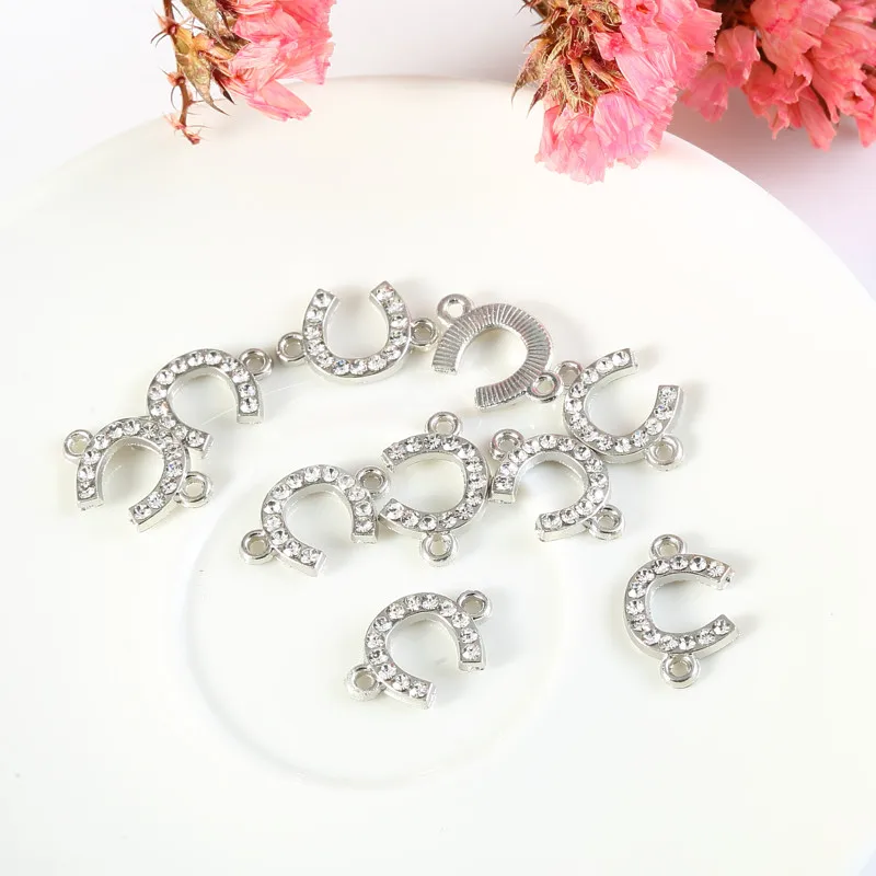 Trendy Silver Color Alloy Rhinestone Horseshoe shaped Pendant Connectories For Making Jewelry DIY 20pcs Wholesale