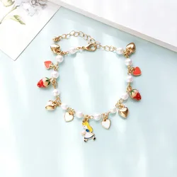 Kids Girls Gift Gold Color Heart Imatation Pearl Poker Strawberry Charms Alice in Wonderland Bracelet