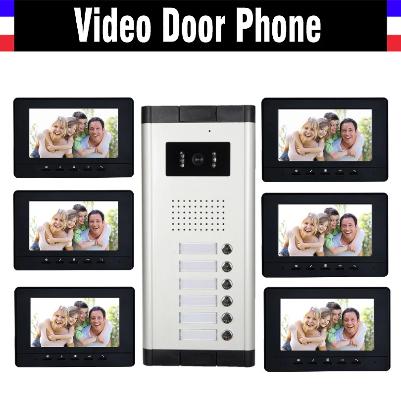 6 Units Apartment Video Intercom System 7 Inch Monitor Video Door Phone Intercom System Wired Home Video Doorbell kit