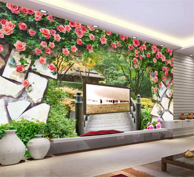 

3D Wall Mural Garden Flowers Wall Wooden Bridge Landscape Photo Wallpaper Customized Bedroom TV Backdrop Wall Paper For Walls 3D