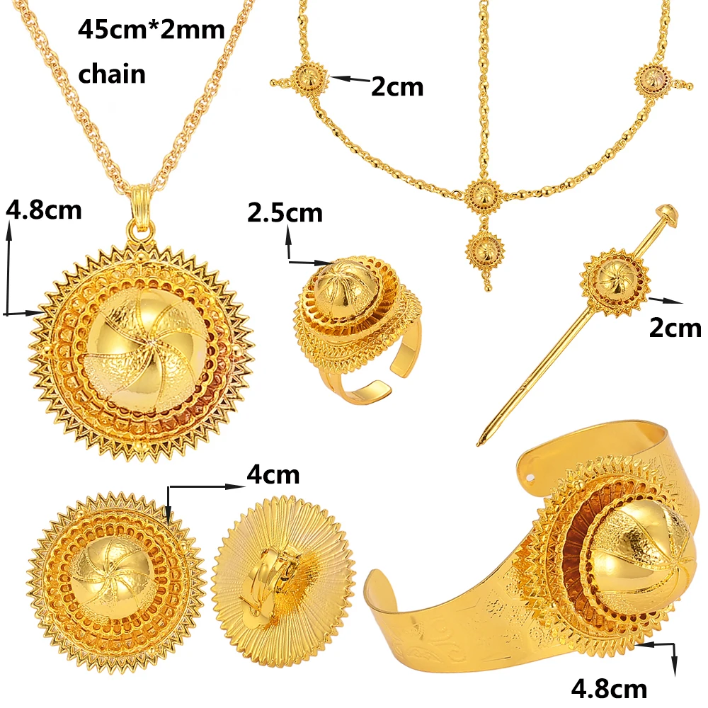 Ethlyn Six-pcs Jewelry Sets ,Gold Color Ethiopian Eritrean Habesha Wedding Party Jewelry Sets ,African Traditional Jewelry S294