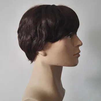 Fei-Show ショートウィッグ合成耐熱繊維ダークブラウンウェーブのかかった男性男性かつら黒ヘアピースライトブラウンペルーカ