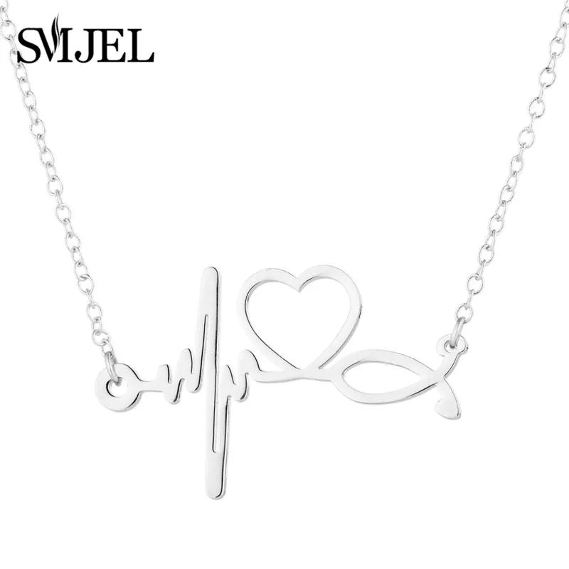 SMJEL Stainless Steel Stethoscope Heart Necklaces Women Doctor Nurse Medical Jewelry ECG Wave Charm Necklace Collier Femme