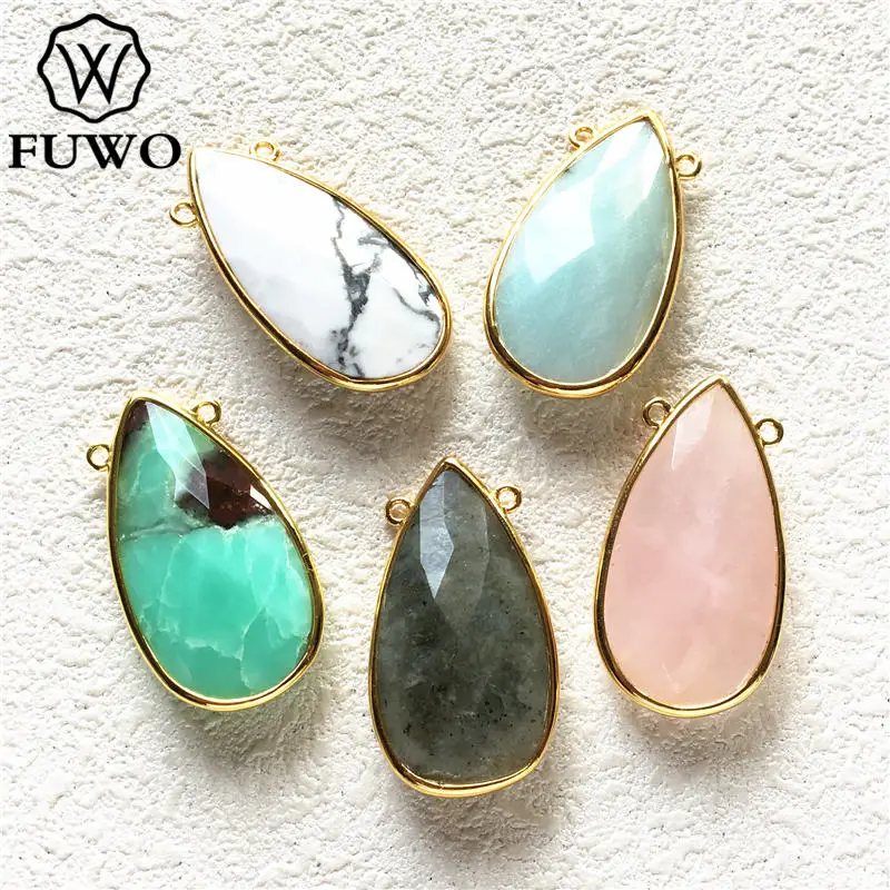 

FUWO Natural Crystal Pendant With Double Loops Golden Trimmed Tiger's Eye Stone Jewelry Accessories For Necklace Making PD238